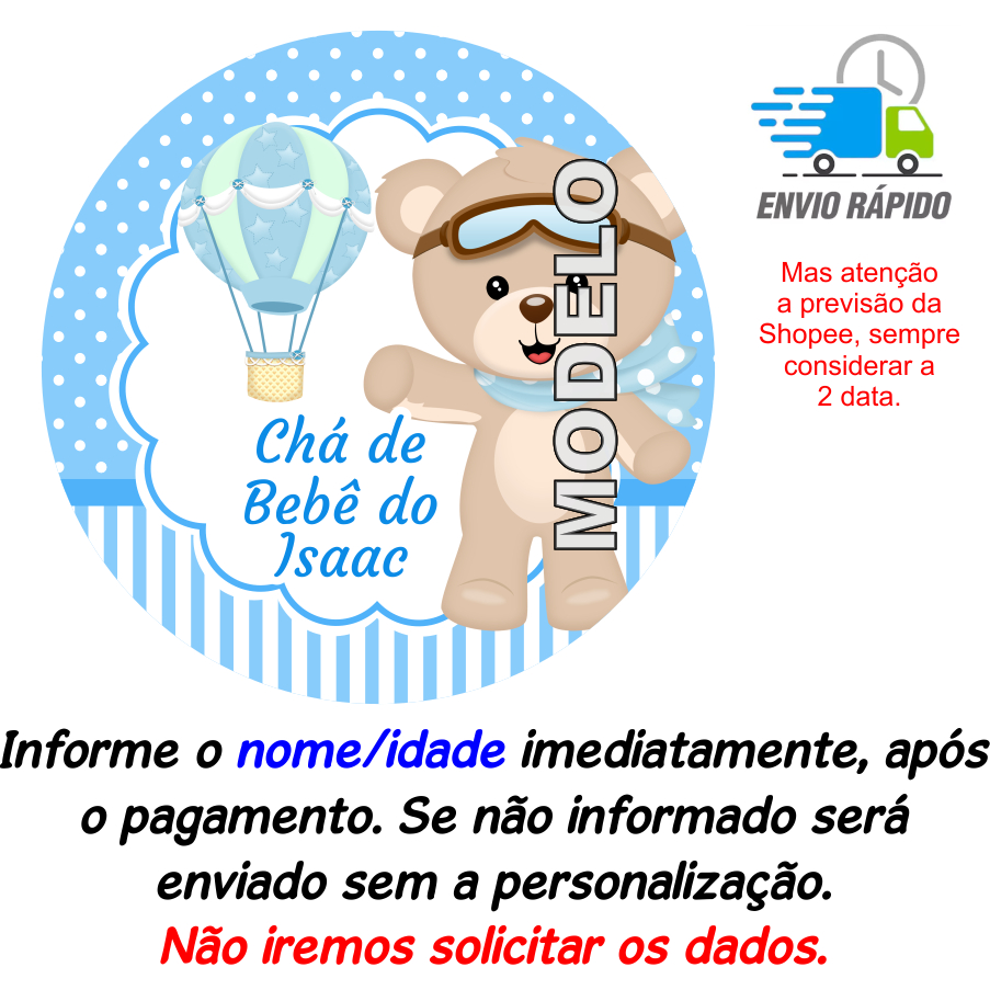 Adesivo Ursinho Baloeiro (4cm, 5cm, 6cm, 7cm, 8cm e 9cm) Tag Etiqueta rótulo