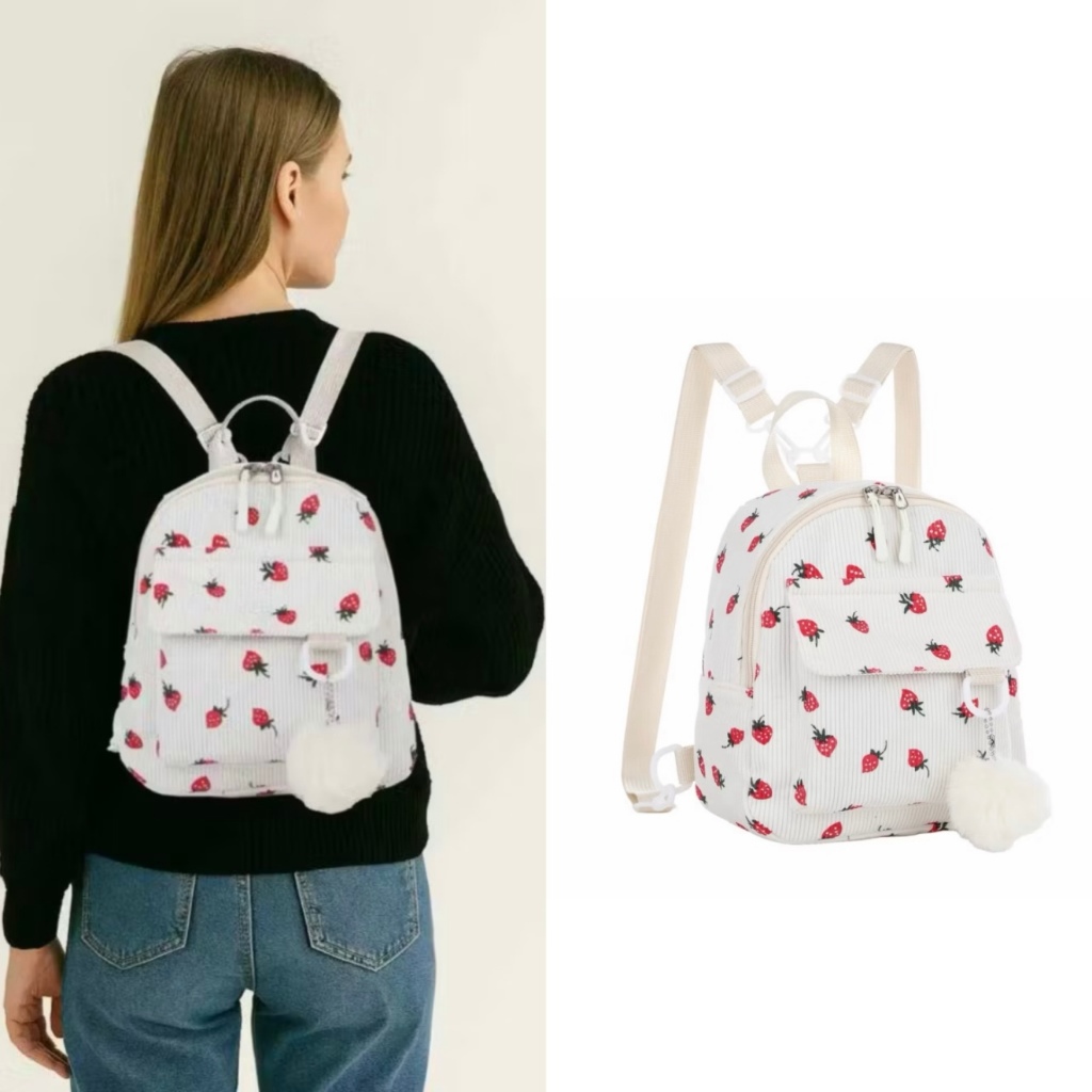 Mochila Feminina Fofa Morango  Material Veludo Cotelê Passeio Coreano Grande Capacidade Com Chaveiro Pompom Impermeável