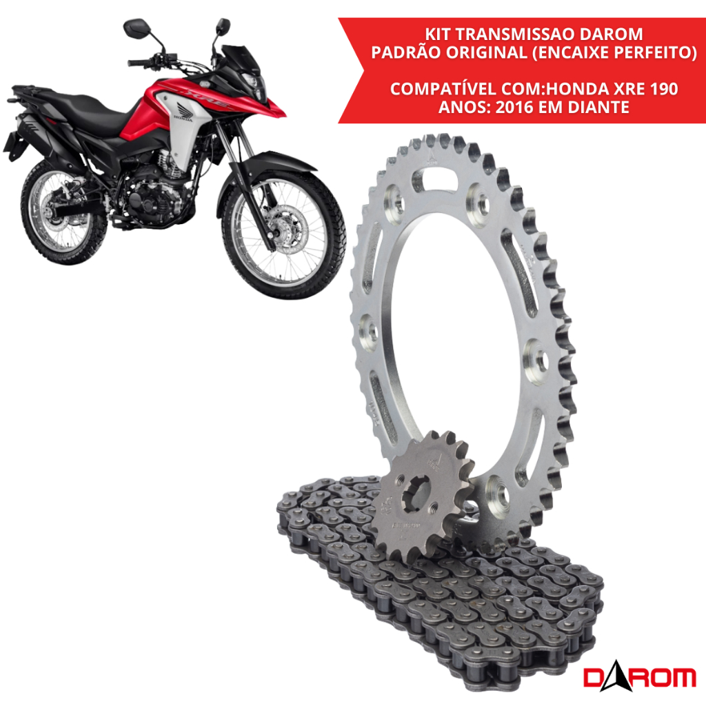 Kit Transmissão Completo Honda NXR Bros 160 XRE 190 Corrente Coroa Pinhão Relação Reforçada 428HX128L 48D 16D  Darom