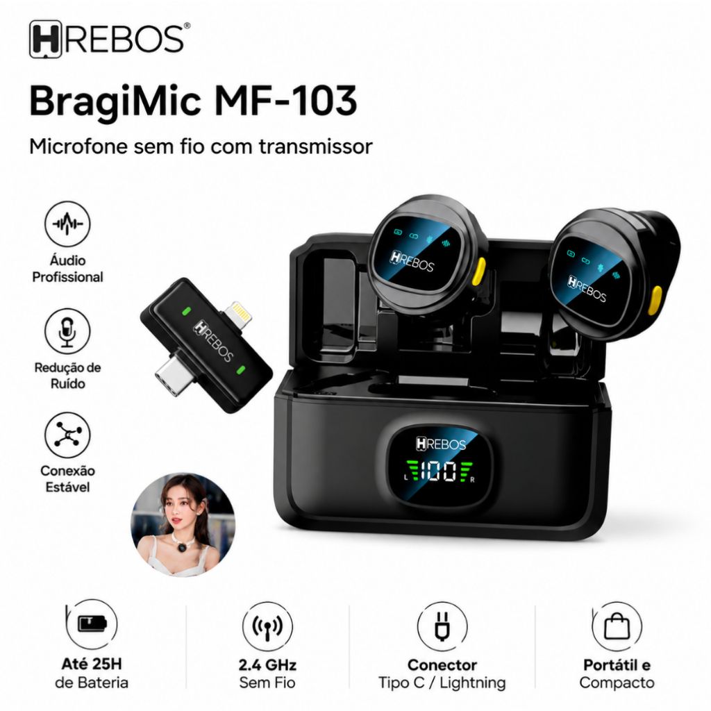 Microfone De Lapela Sem Fio Magnetico 2 Em 1 Lightning E Type-c HREBOS MF-103