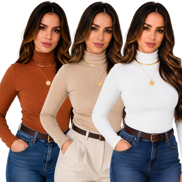 Kit-3 Blusas Feminina Canelada Gola Alta Manga Longa Inverno Blusas Femininas