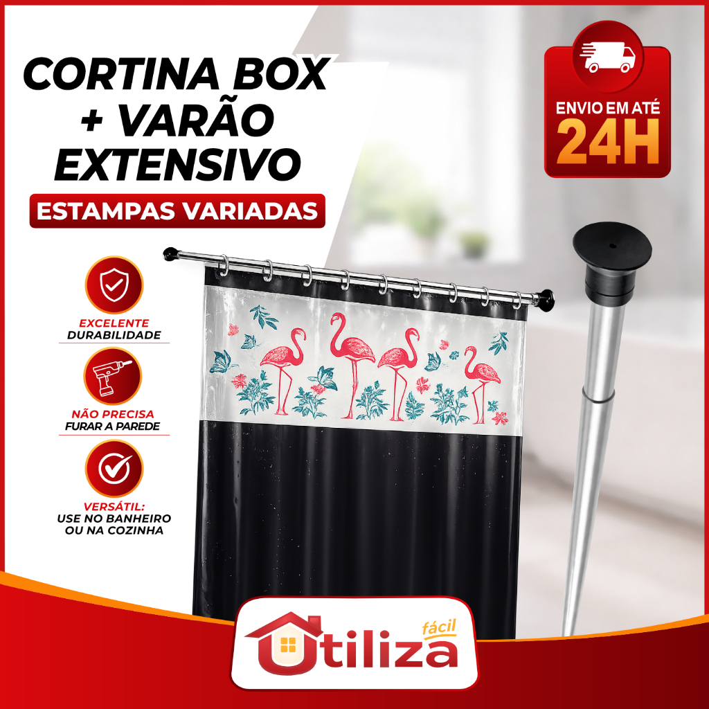 Kit Cortina Box Banheiro Varias Cores + Suporte Varão Extensivel em ALUMINIO Ajustavel 60cm a 2,0m