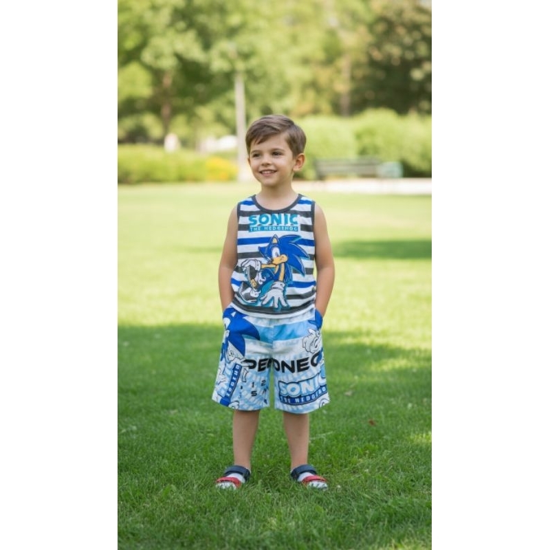 🦔💙🏖️ Conjunto Regata Sonic Conjunto Infantil Sonic Masculino Regata e Bermuda Menino