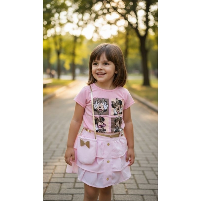🌸👑🎀 Conjunto Saia + Blusa + Cinto + Bolsinha Rosa Conjunto Infantil Feminino Saia Blusa Cinto e Bolsinha Rosa Menina