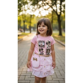 🌸👑🎀 Conjunto Saia + Blusa + Cinto + Bolsinha Rosa Conjunto Infantil Feminino Saia Blusa Cinto e Bolsinha Rosa Menina