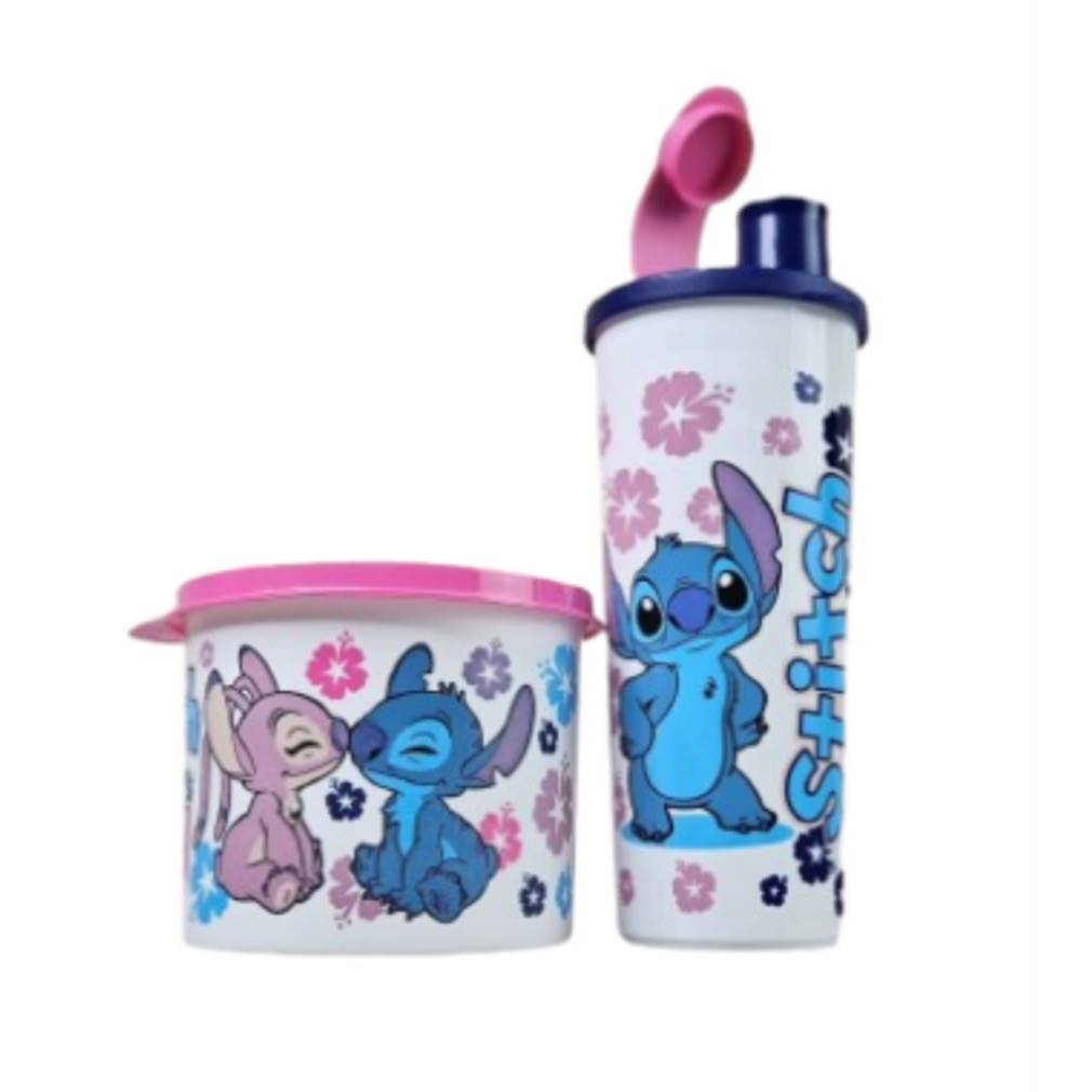 Kit Copo com Bico 470ml e Tupper Redondinha 500ml Stitch - Original Tupperware