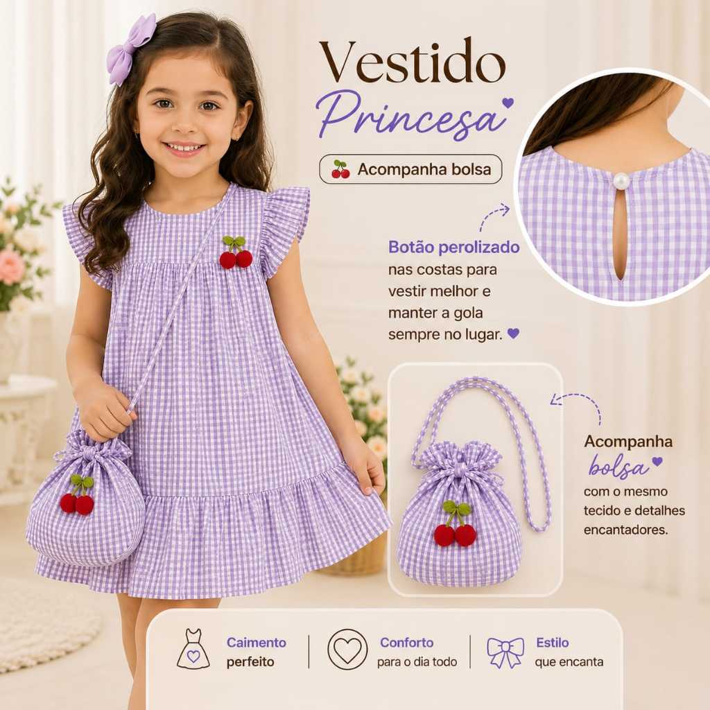Vestido Infantil Cerejinha com Bolsa Menina Festa Passeio