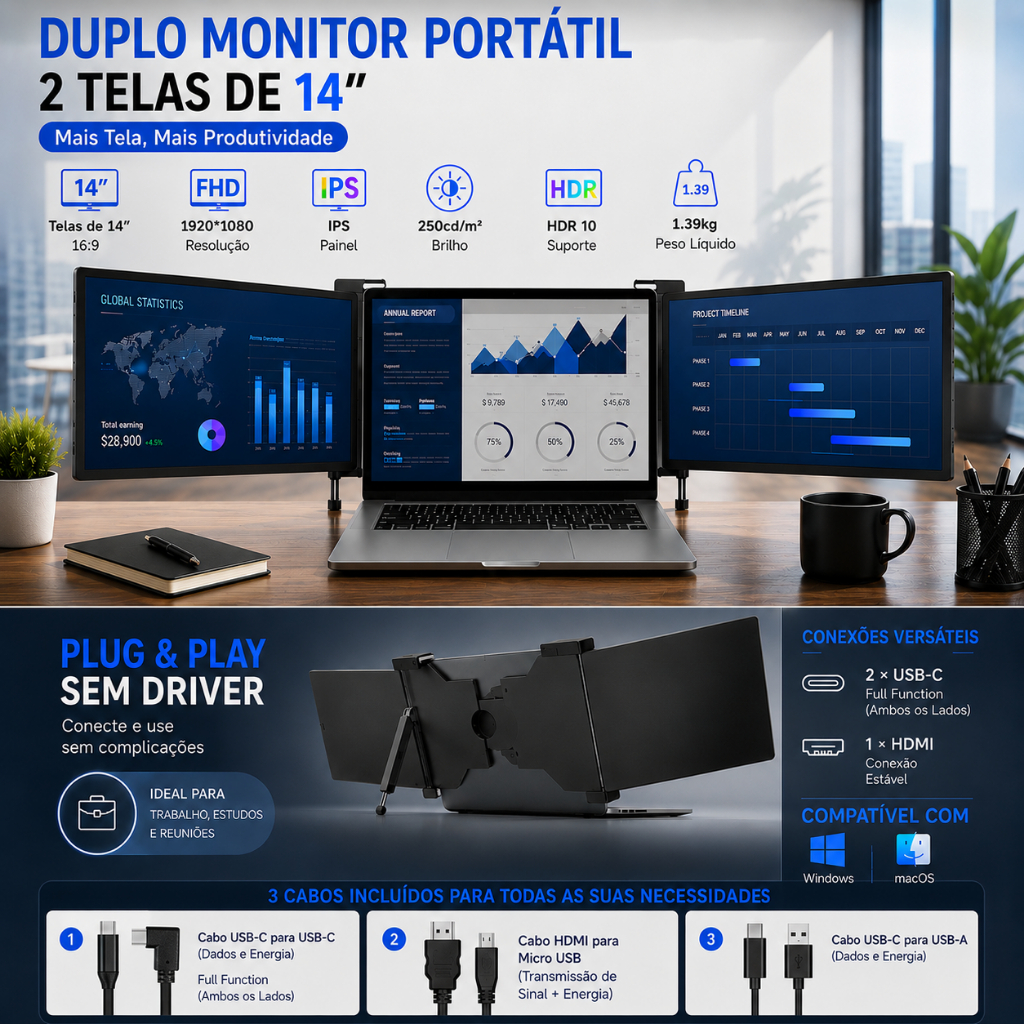 Monitor Triplo Portátil 14" para Notebook – 16:9 Full HD IPS Extensor de Tela Compacto