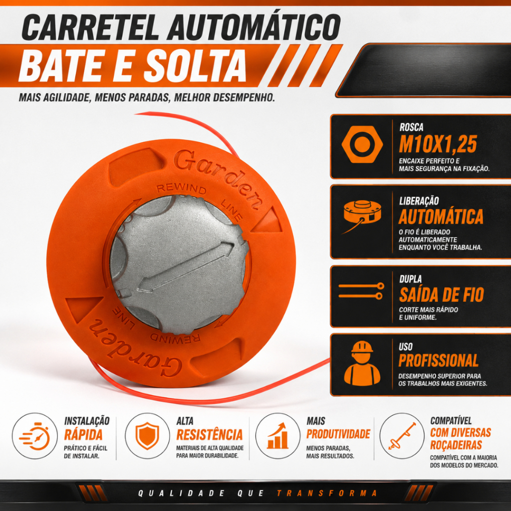 Carretel EasyLoad Dupla Saída Fio Nylon Universal Rosca M10x1,25mm Para Roçadeira a Gasolina
