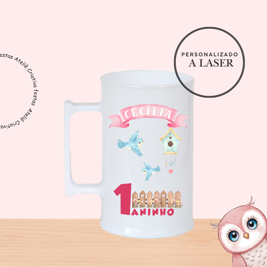 Kit de Caneca 300 ml Personalizado Colorir Tema Jardim Encantado Passarinho Lembrancinha Festa Infantil Chá Aniversário