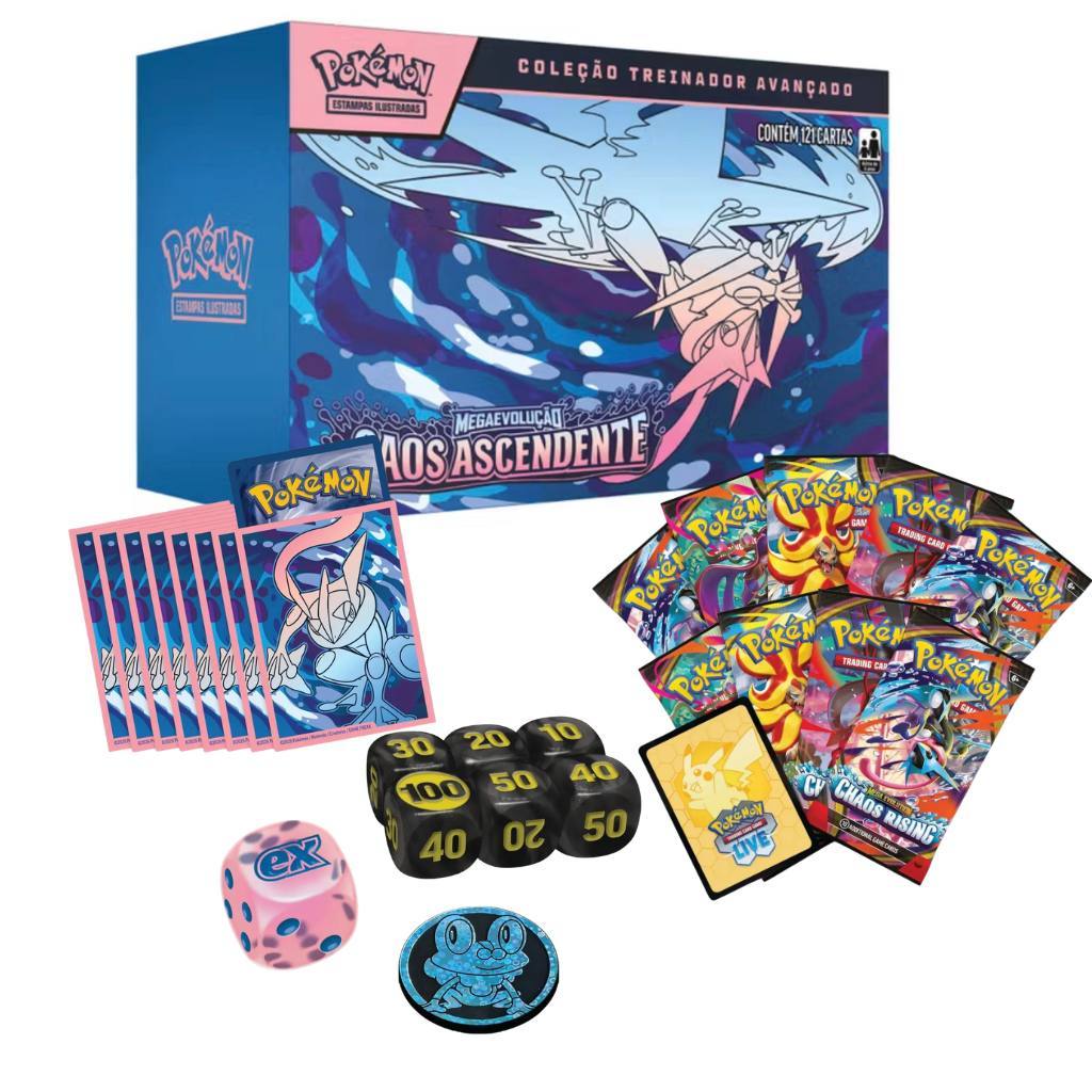 Caixa Pokémon Caos Ascendente Coleção Treinador Avançado ETB Carta Promo Mega Greninja EX