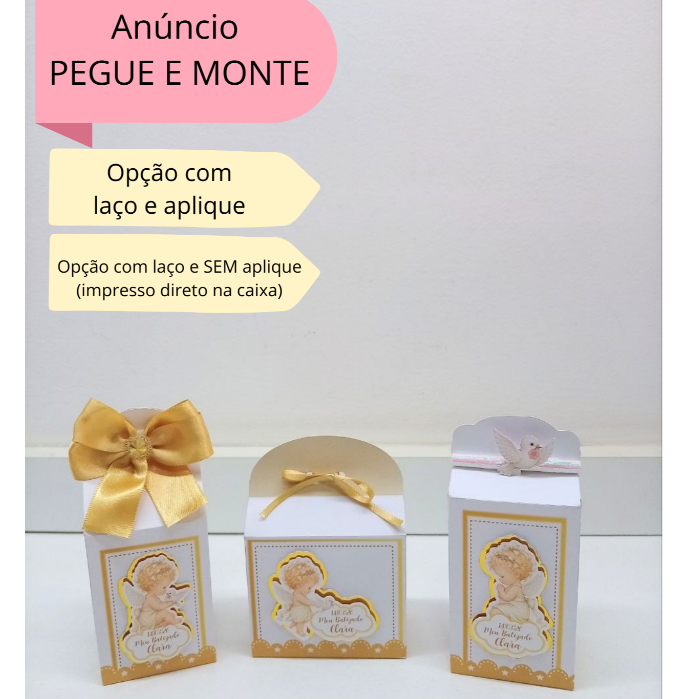 Kit Caixinhas Personalizadas Batizado Dourado Anjinha |Lembrancinha Batismo com laço e aplique Monte em Casa