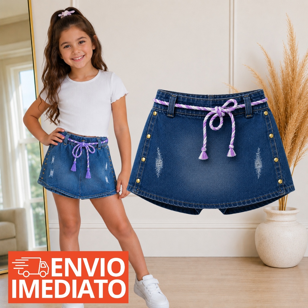 Short Saia Jeans Infantil Rasgado Premium Cintura Elástica Menina Feminino