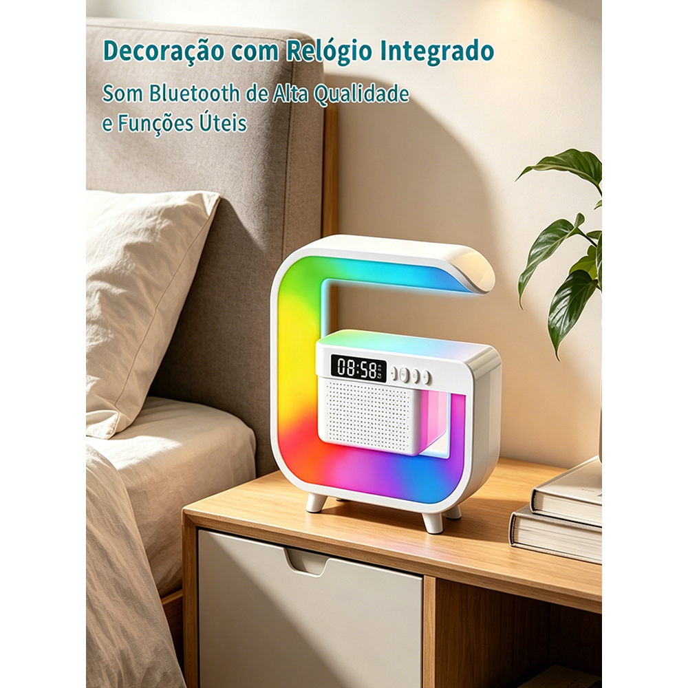Luminária Mesa RGB Cores Carregador Sem Fio Caixa Som Bluetooth Relógio Despertador Desk