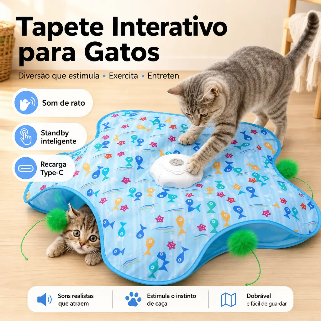 Brinquedo Interativo Automático 360° para Gatos com Pena, Mouse e Som Realista – Recarregável, Antiestresse