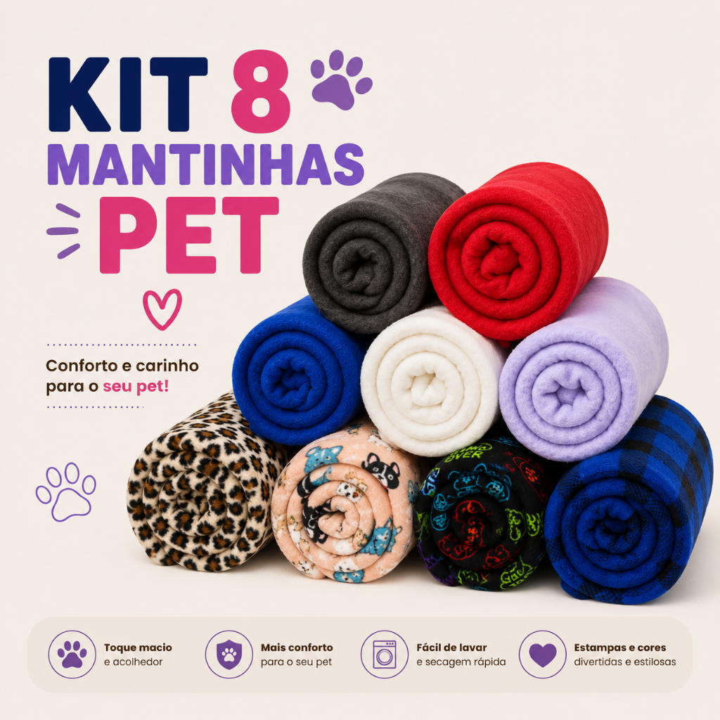 Kit Com 8 Cobertor Mantinha Pra Pet Cachorro Gatinho Cores Lisa/Estampadas  090x1,00 macia pra pet!!