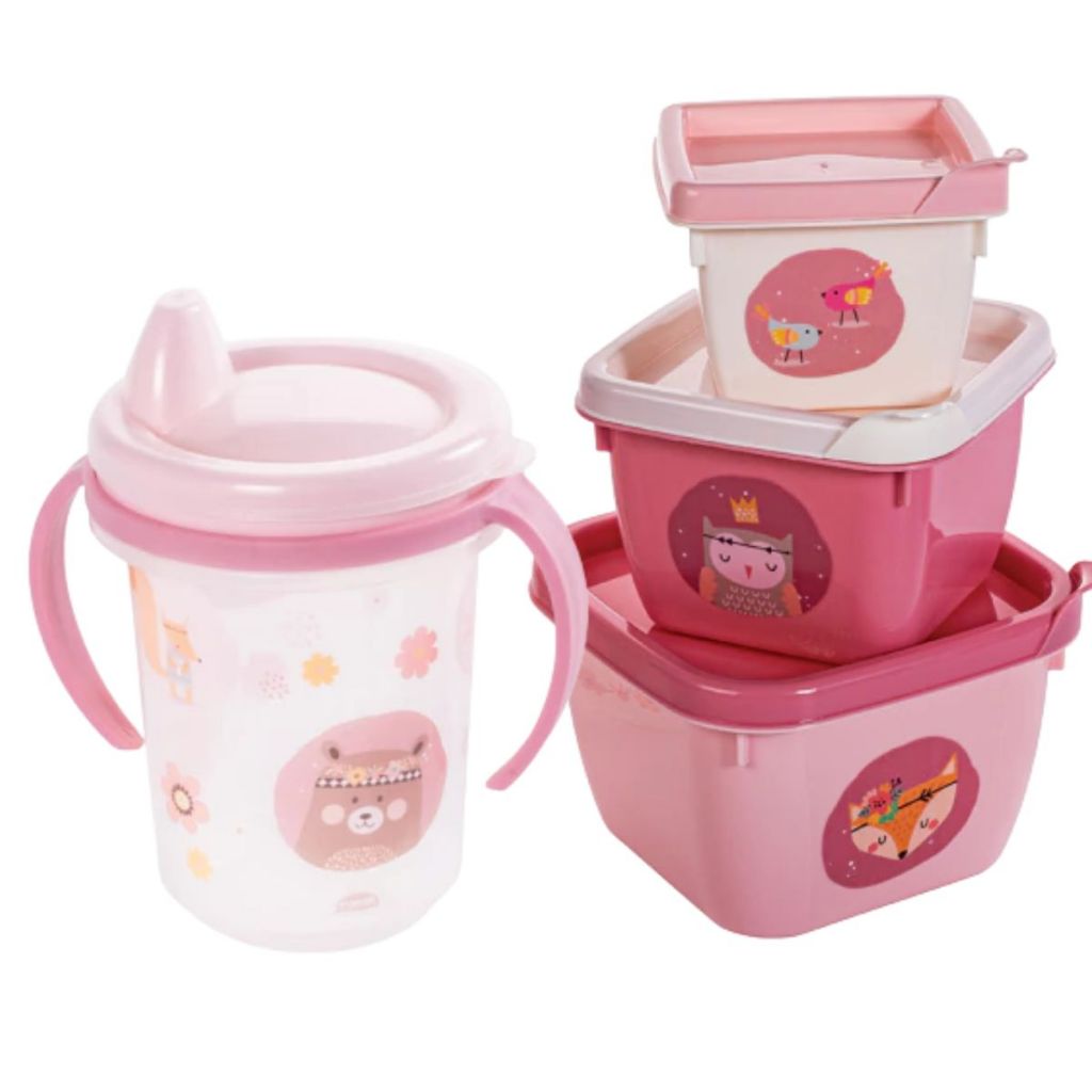 Plasútil Kit Bebê Menina Floral - Caneca Trio com Alça 330ml + 3 Potes Conect Papinha BPA Free