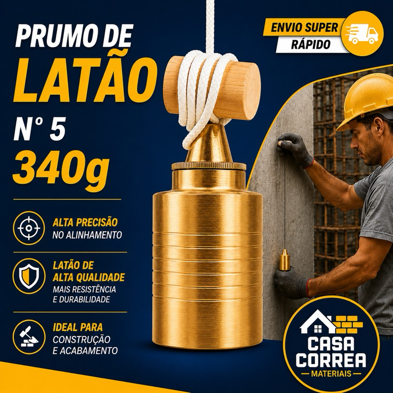 Prumo Para Pedreiro Latão Maciço Leve N°5 Profissional - Emavah