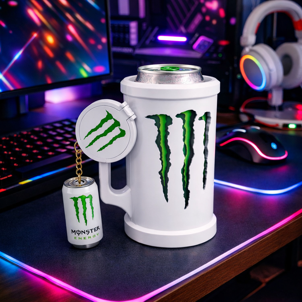 Porta Lata Monster Energy 473ml com Tampa e Abridor | Kit Colecionável Setup Gamer Impressão 3D