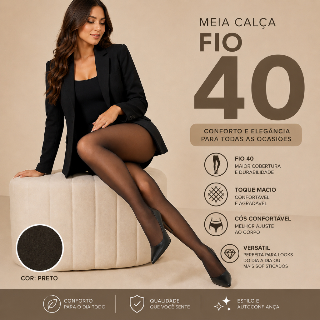 Meia Calça Fio 40 Feminina Preta  Confortável, Elástica e Resistente | Tamanho Único