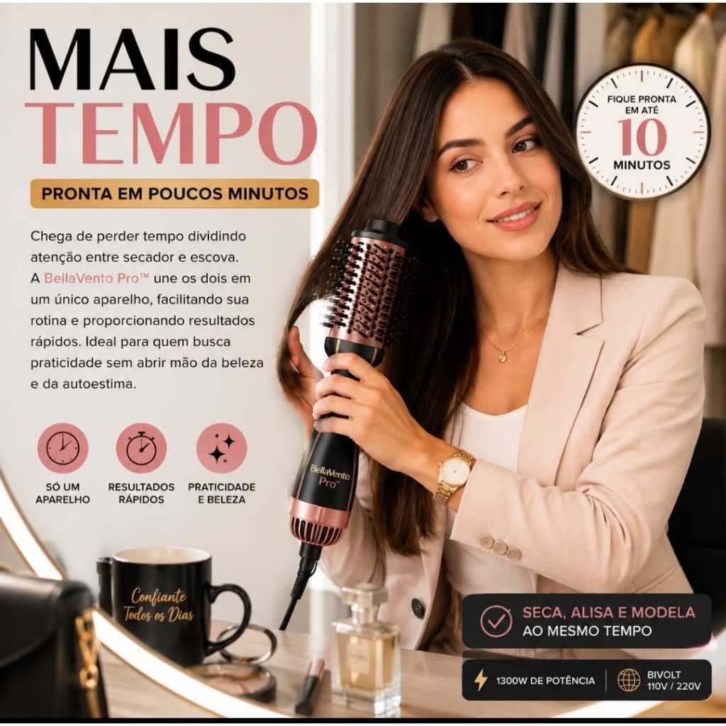 Escova Secadora Profissional BellaVento Pro 1300W Bivolt Anti Frizz Modeladora Alisadora