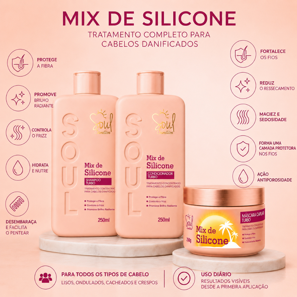 KIT CAPILAR MIX DE SILICONE 3 ITENS CONTROLE DE FRIZZ, E BRILHO INTENSO, SHAPOO, CONDICIONADOR E MASCARA 250 ML