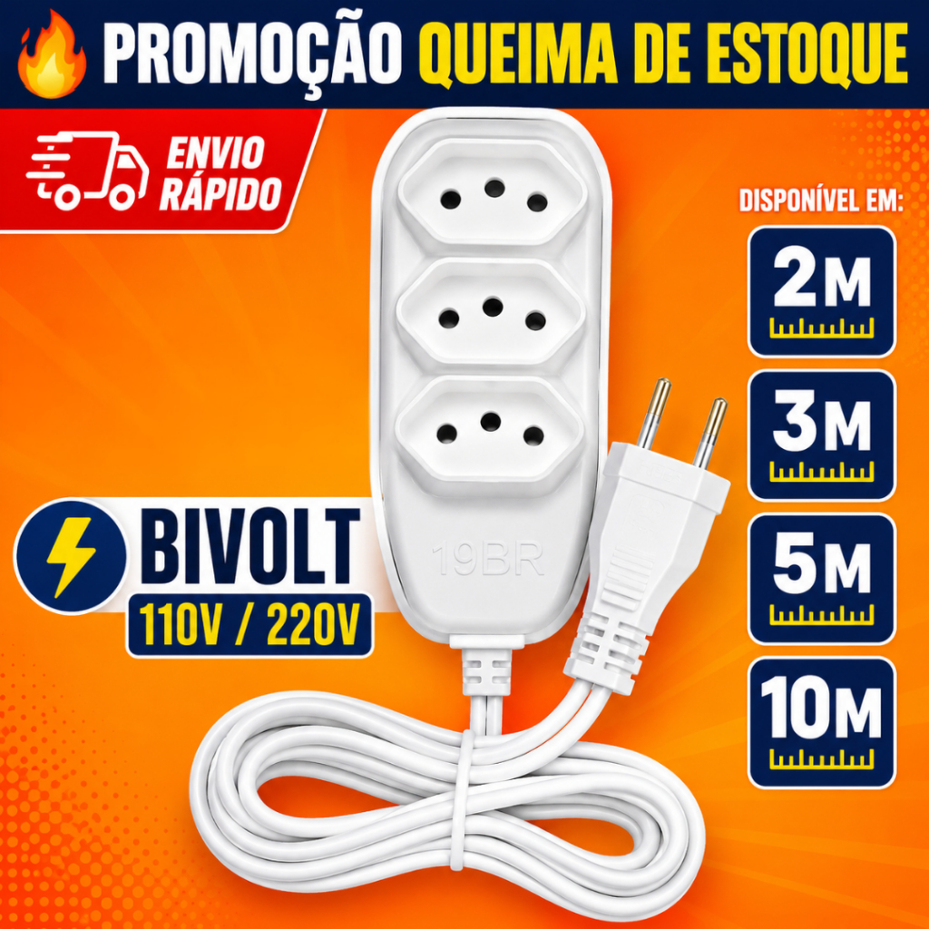 Extensão Elétrica 3 Tomadas Tripolares Cabo Prolongador Bivolt 10A 2 / 3 / 5 e 10 Metros