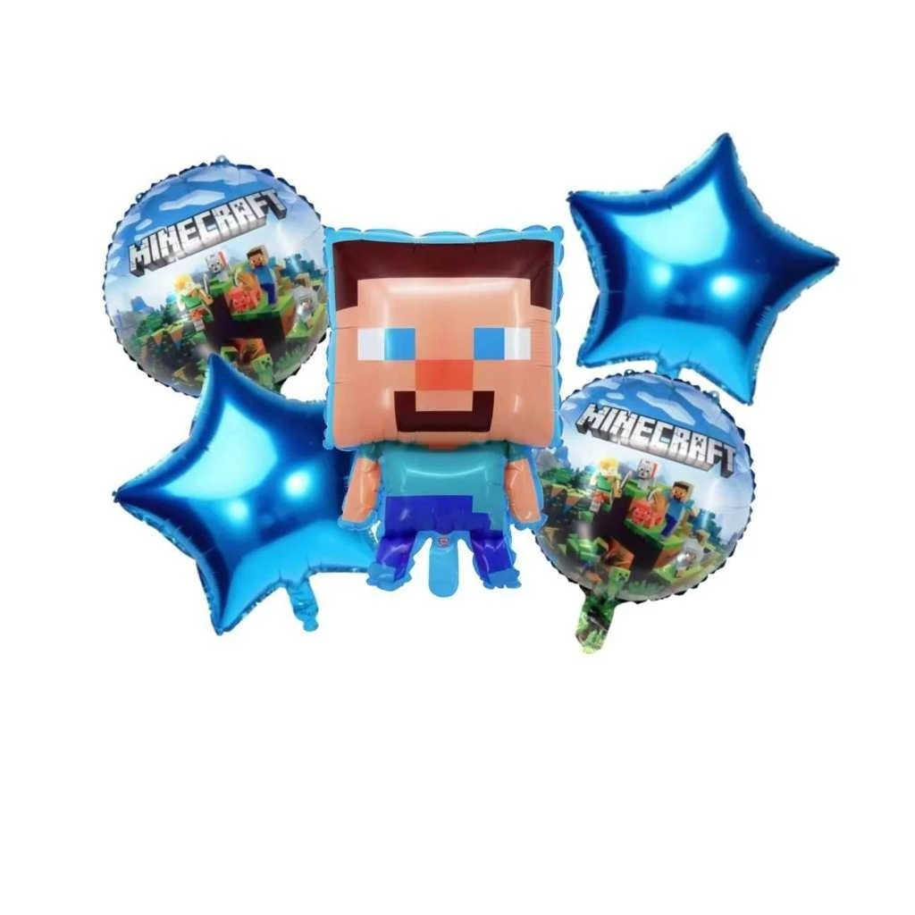 Kit 5 Balões Minecraft Steve Metalizado Balão Redondo e Estrela