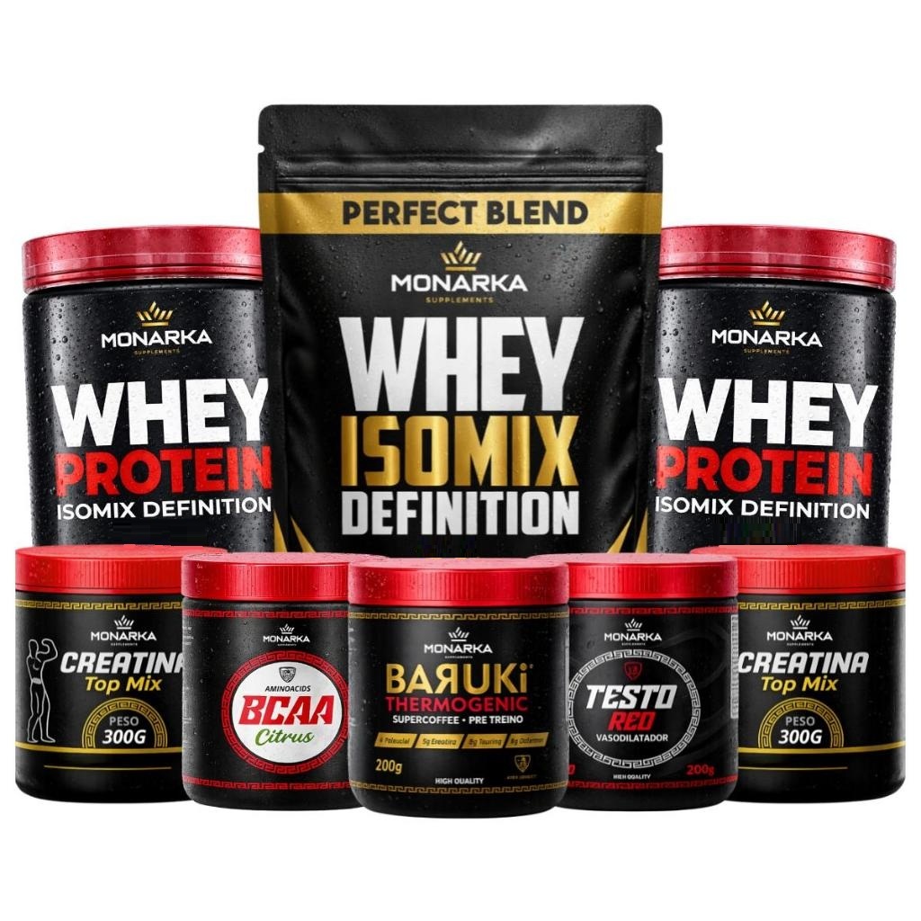 KIT Whey Protein Blend  Isolado Concentrado 2kg + Creatina Monohidratada + Testo + Pré Treino + Bcaa