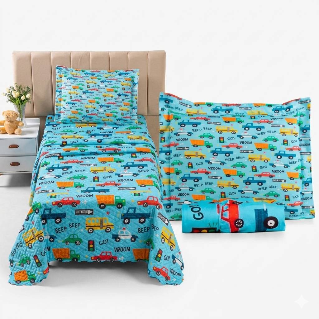 Kit Cobre Leito solteiro + Lençol Com Elástico Solteiro Vrum Trânsito Carros Quarto Menino Decoração