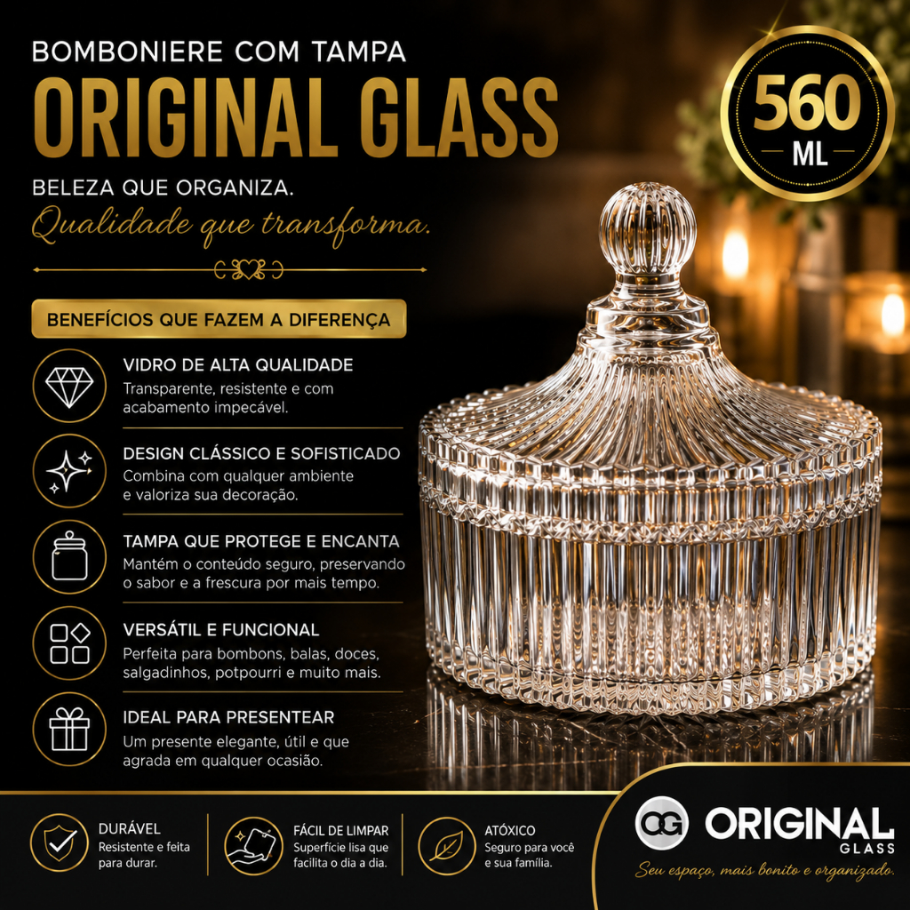BOMBONIERE POTICHE BALEIRO ORIGINAL GLASS 560ML DE VIDRO COM TAMPA DECORATIVA PORTA DOCES