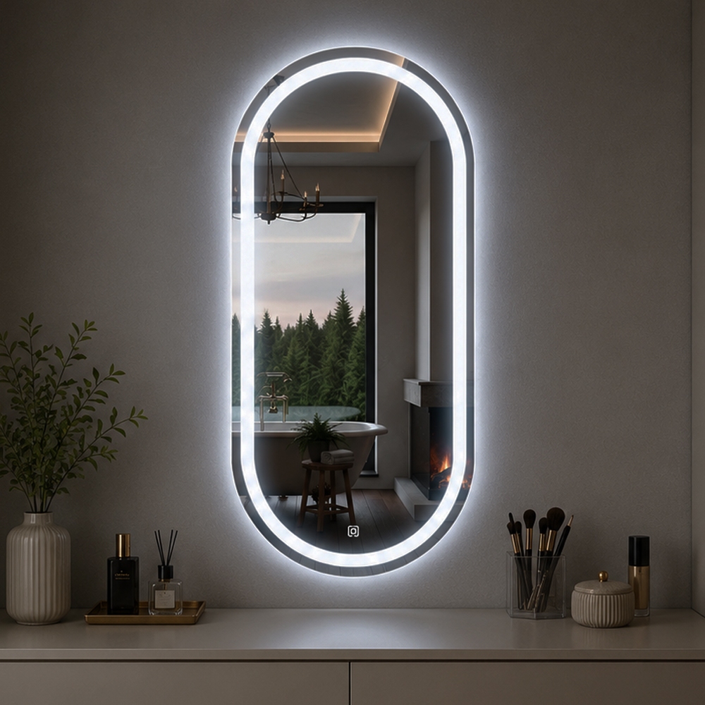 Espelho Oval Jateado Com Led e Botão Touch 80x50cm Lapidado Decoração Quarto Sal
