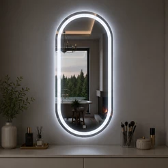 Espelho Oval Jateado Com Led e Botão Touch 80x50cm Lapidado Decoração Quarto Sala