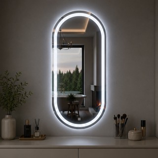 Espelho Oval Jateado Com Led e Botão Touch 80x50cm Lapidado Decoração Quarto Sala