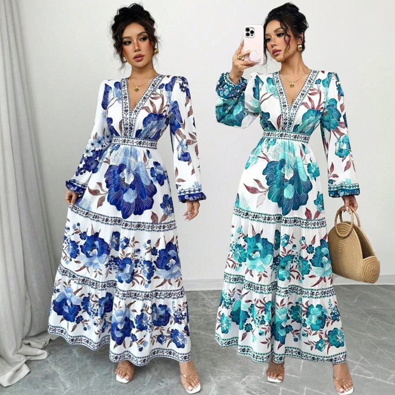 Vestido Midi Longo Estampa Floral V-Neck Cintura Marcada Godê Vintage Retro Vestido Manga Longa