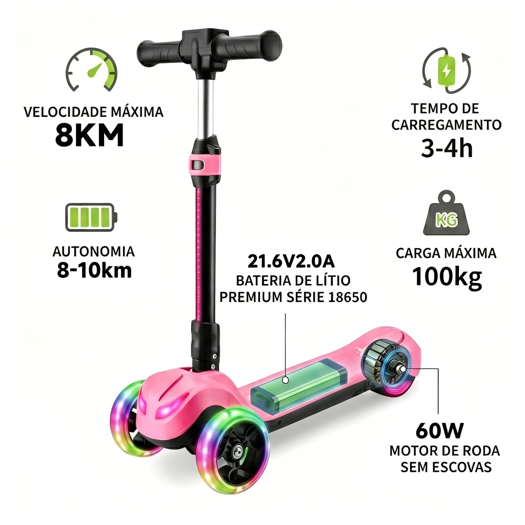 Patinete elétrico infantil Bateria Recarregável Dobrável Super Autonomia para adultos infantil até 100kg