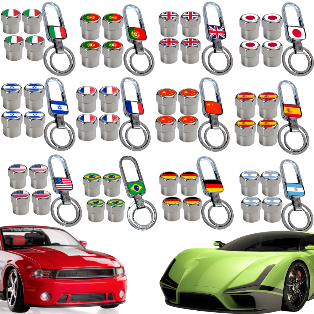 Chaveiro Automotivo + Tampa Bico Pneu Carro Mosquetão Metal Países Copa Olimpíadas