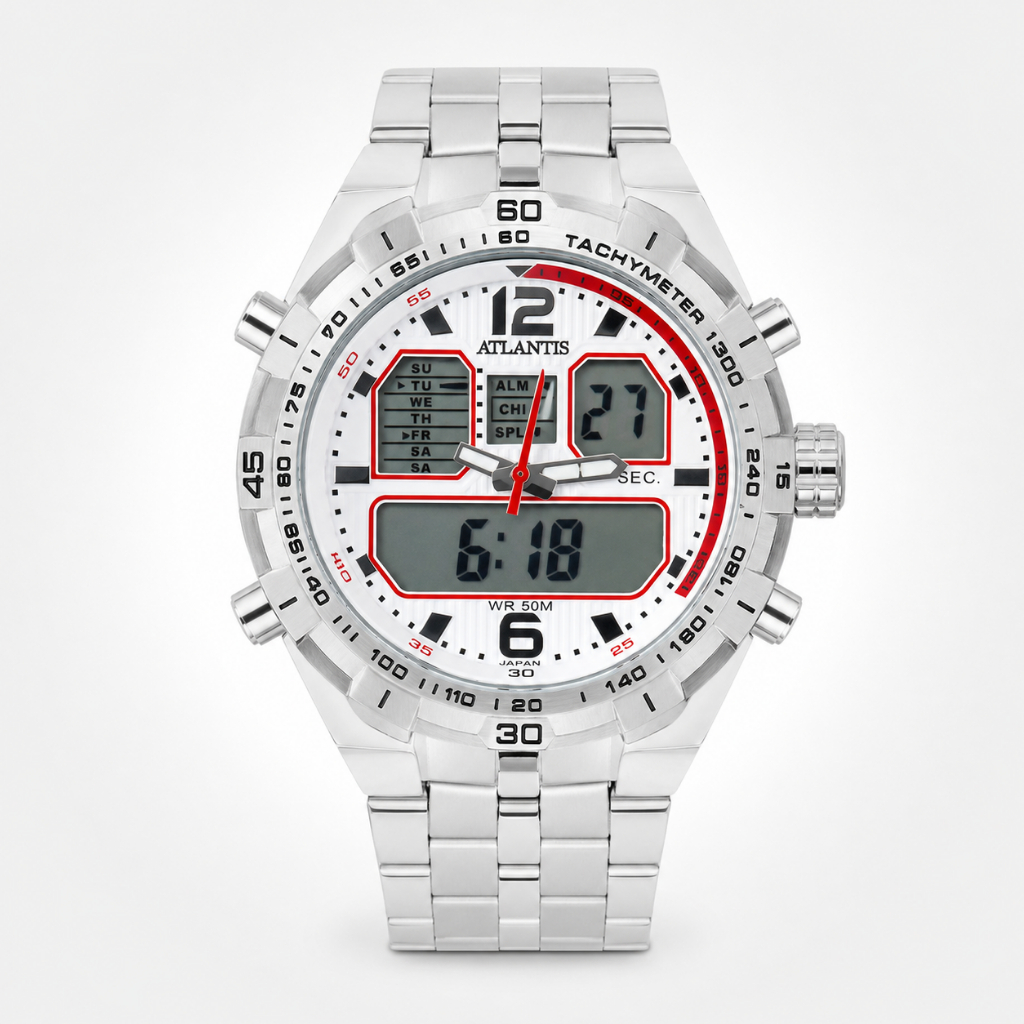 Relógio De Pulso Masculino Atlantis Prata Analógico Digital Branco com Vermelho