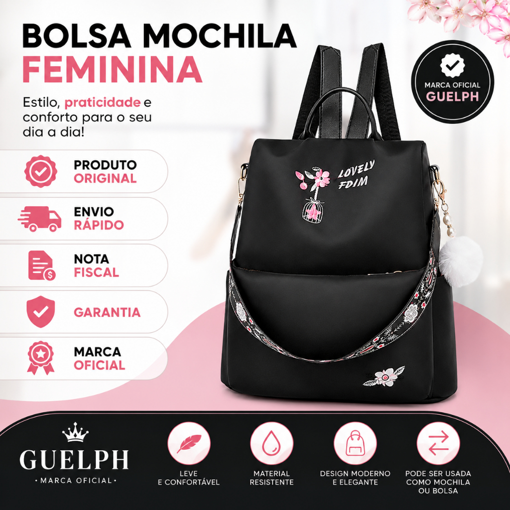 Bolsa Mochila Feminina Guelph Casual Escolar Faculdade Passeio 12L Preta com Alça Transversal