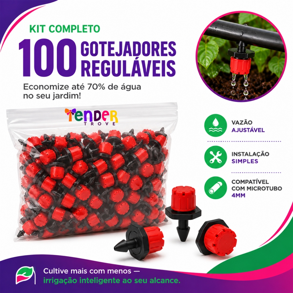 🚀 100 Micro Gotejadores 4mm | Regulagem Manual para Hortas e Vasos | Sistema Profissional para Plantas Mais Saudáveis