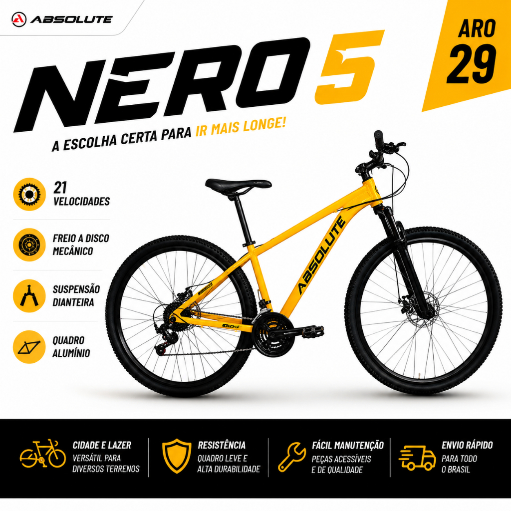 Bike Absolute Nero 5 Aro 29 21v Freio a Disco Quadro Alumínio MTB