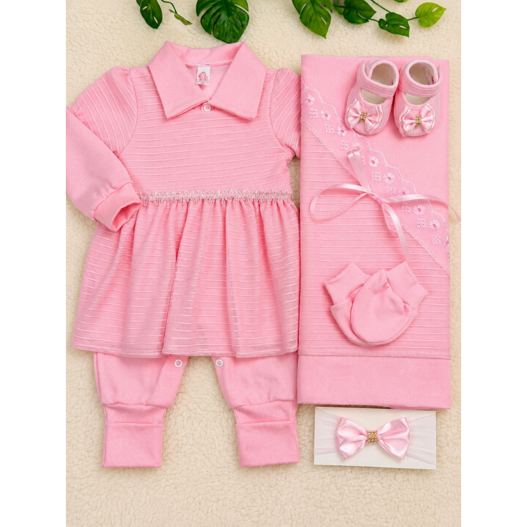 Saída de Maternidade de Luxo Feminina Listrada Rosa Bebê Kit Recém Nascido