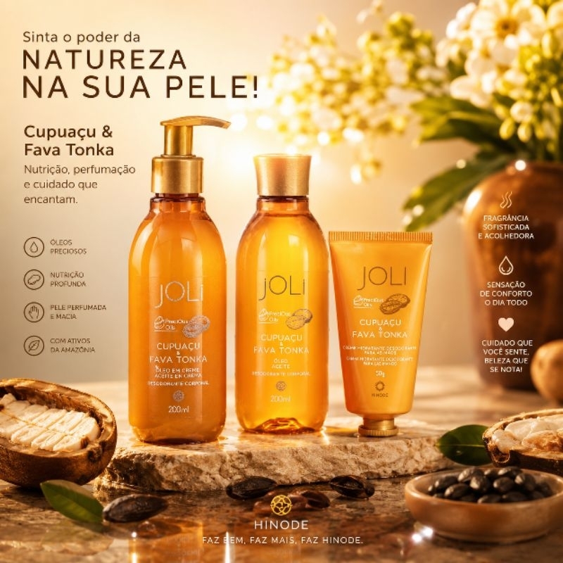 Hinode kit cuidados Joli Cupuaçu e Fava Tonka 1 Óleo em Creme 200ml+1 Óleo Corporal 200ml + 1 creme de mãos 50g