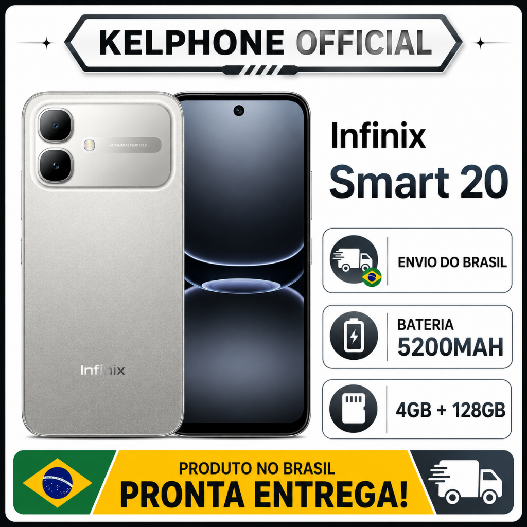 Infinix Smart 20 4G 128GB 4GB RAM Tela Grande 6.78" HD+ Bateria 5200mAh Dual SIM Original