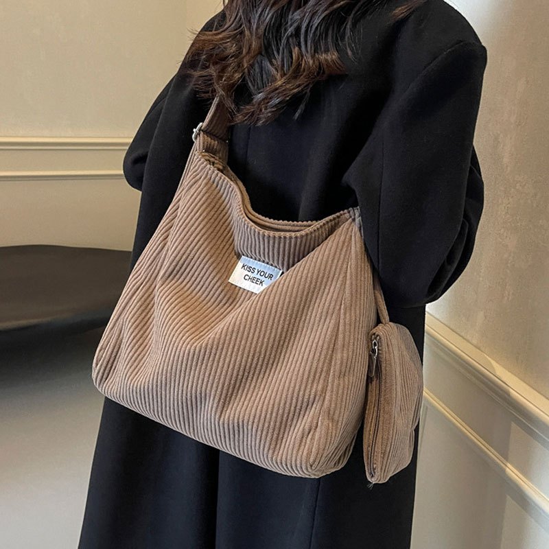 Bolsa Feminina Transversal de Cotelê Grande Capacidade Casual Com Porta Moedas Para Faculdade e Dia a Dia