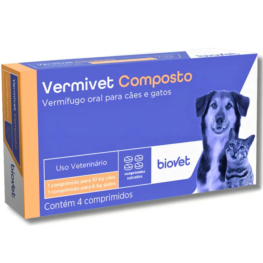 Vermivet Composto 600mg Vermífugo para Cães e Gatos - 4 Comprimidos Tratamento de Verminoses