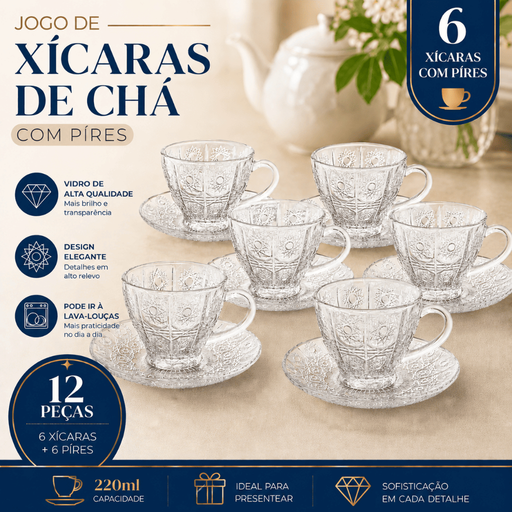 Jogo de Xícara com Pires 12 Peças Cafe e Cha Bohemia Transparente Vidro 220ml Decorada Luxo