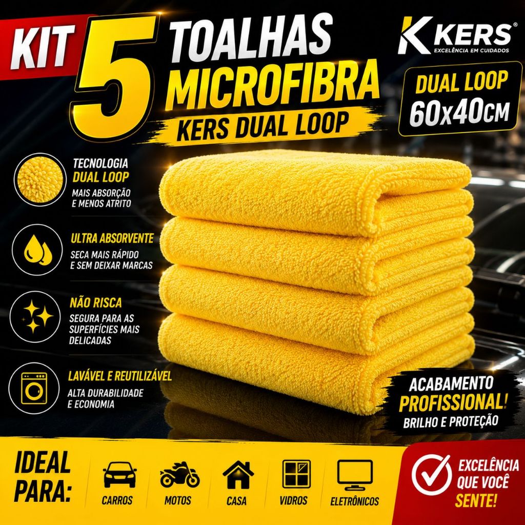 Kit 5 Toalhas Microfibra Kers Dual Loop 360GSM 60x40cm Amarela Polimento e Detalhamento