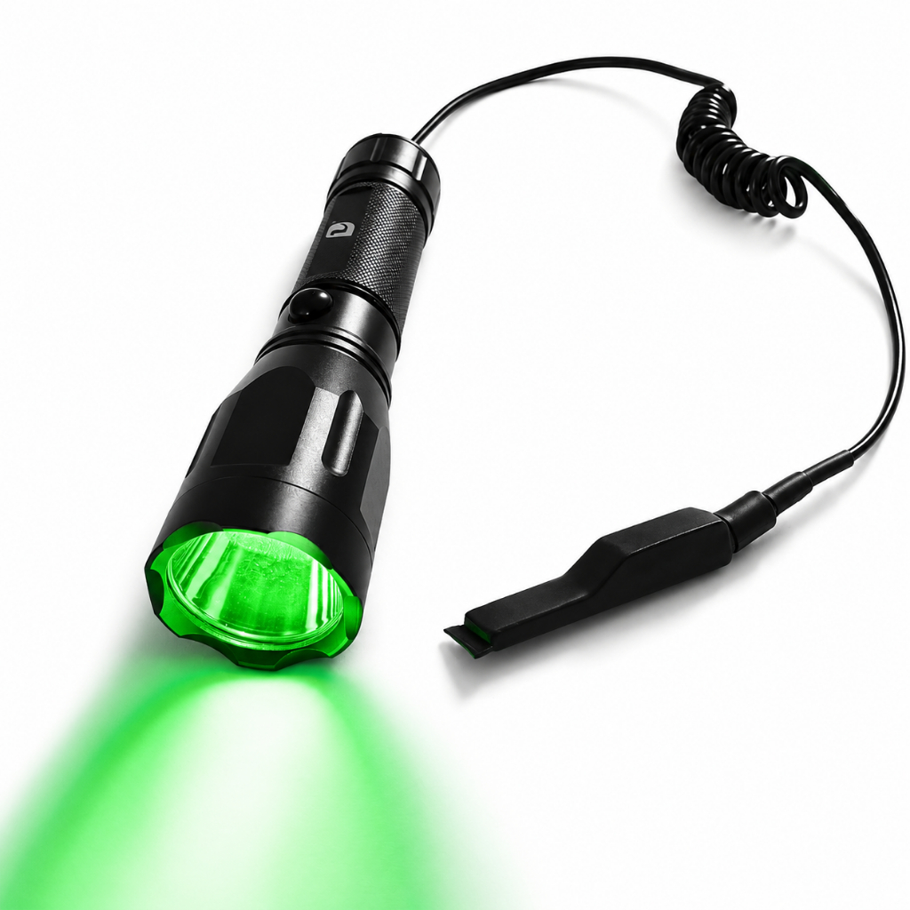 Lanterna Tática Led Luz Verde Recarregável Com Acionador Remoto Suporte Cano Longo Caca Pesca