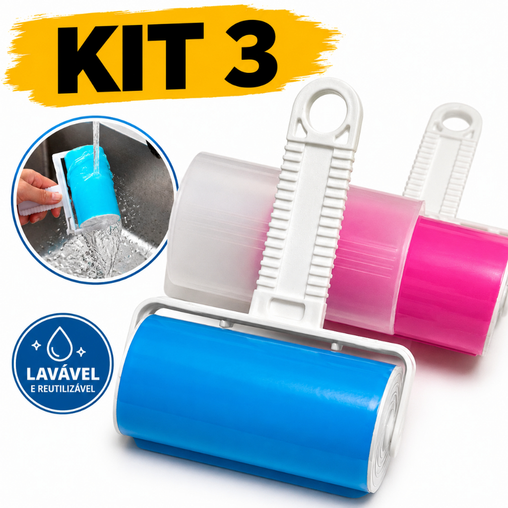 Kit 3 Rolo Tira Pelos Lavável Reutilizável Roupa com Capa Protetora